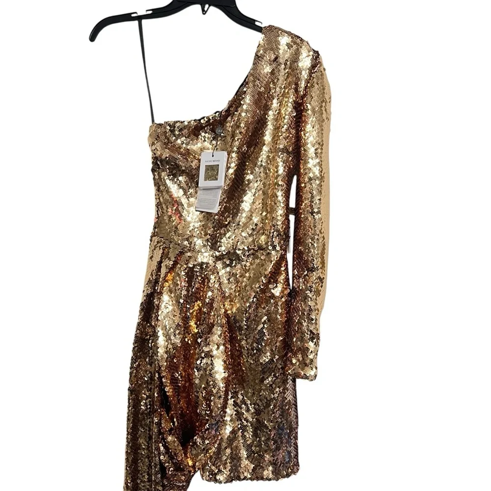 NADINE MERABI Gold Sequin One Shoulder Cocktail Dress - Picture 3 of 9